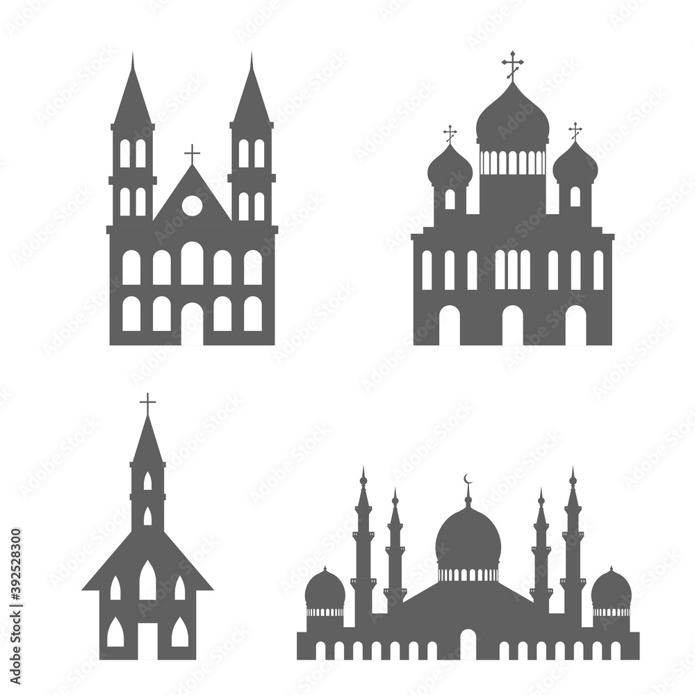 Set of icons of temples on a white background: catholic, orthodox and mosque