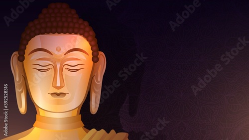 Face of golden Buddha statue on dark background, Buddhist illustration