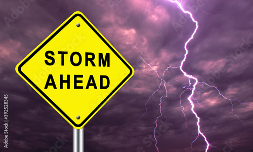 Storm ahead. Storm warning road sign. Weather warning on sky background. Thunderstorm front. Lightning in dark sky. Concept weather forecast. Storm ahead logo. Lightning strikes in night sky. Clouds