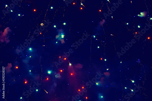 Beautiful blue Holiday background of lights fireworks