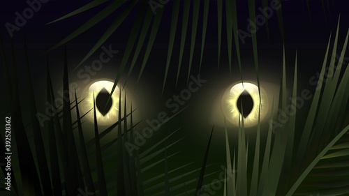 Yellow glowing eyes of wild predator in tropical leaves