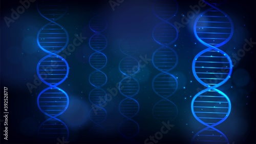 Blue glowing DNA spirals on a dark background. Biochemistry and genetics illustration