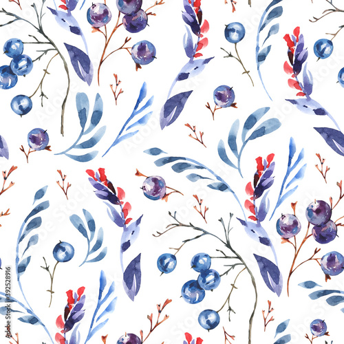 Watercolor blue flowers seamless pattrn, wildflowers, berries. Vintage botanical texture