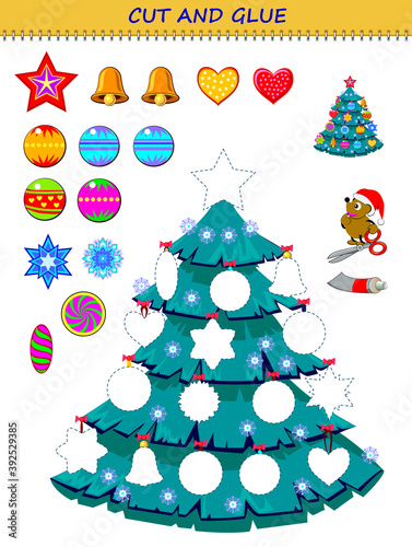 Educational page for little children. Printable game with exercise for kids. Use scissors to cut the toys and glue them. Make your own Christmas tree. Developing skills for cutting and handwork.