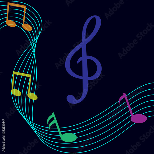 Abstract music background for your design. Musical colorful notes. Musical wave. Vector illustration