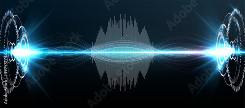 Voice recognition, equalizer, audio recorder. Microphone button with sound wave. Symbol of intelligent technology. Hi-tech AI assistant voice, background wave flow, equalizer. Vector illustration