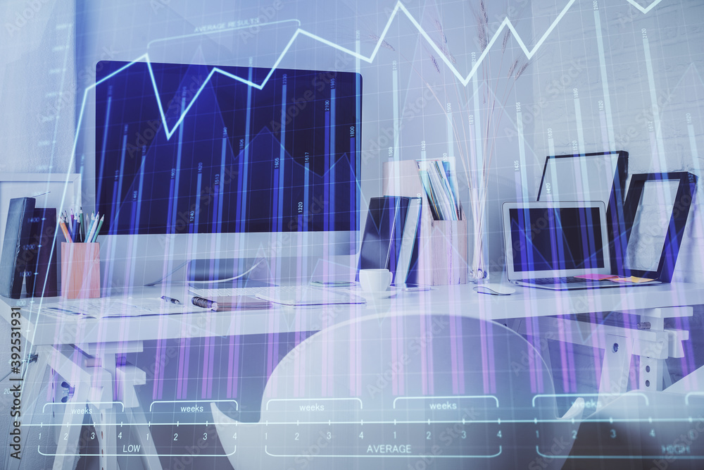 Double exposure of stock market graph drawing and office interior background. Concept of financial analysis. Double exposure of stock market graph drawing and office interior background. Concept of financial analysis.