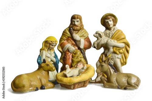 Christmas nativity scene with holy family and shepherd isolated on white background