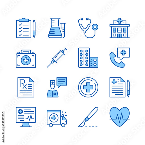 Healthcare line icons. Simple vector symbols. Set of blue color filled outline icons