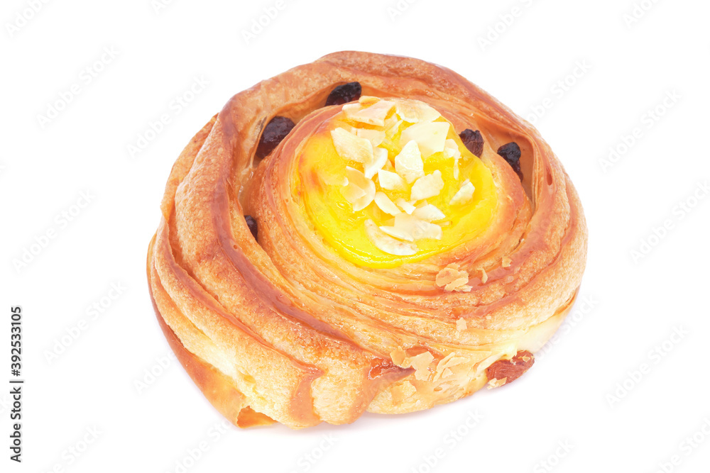 Small pastry with cream, almonds and raisins. Ideal for breakfast or together with cappuccino coffee to start the day. Perfectly isolated on white background. Small pastry with cream, almonds and raisins. Ideal for breakfast or together with cappuccino coffee to start the day. Perfectly isolated on white background.