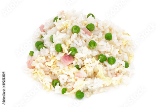 Chinese cantonese rice with green peas, ham and omelette scrambled eggs, isolated on white.