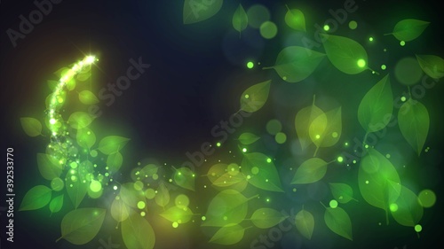 Flying glowing green leaves and sparks on a dark background, magic or healing herbs