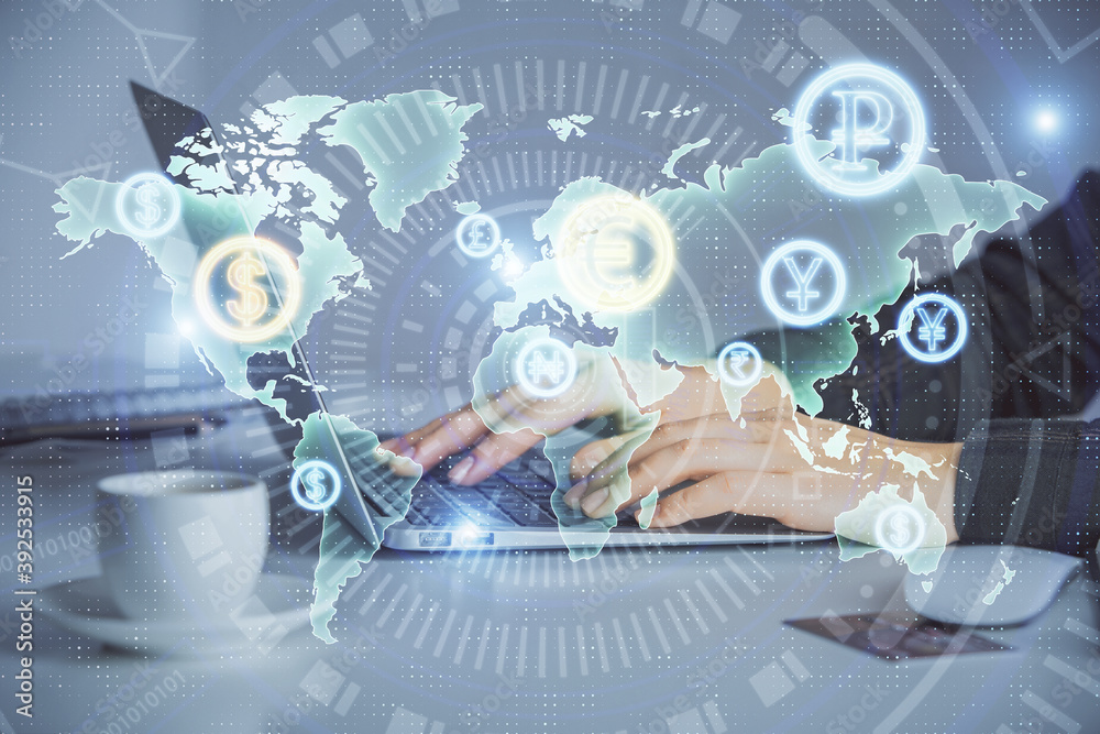 Double exposure of businesswoman hands typing on computer and forex graph hologram drawing. Financial analysis concept. Double exposure of businesswoman hands typing on computer and forex graph hologram drawing. Financial analysis concept.