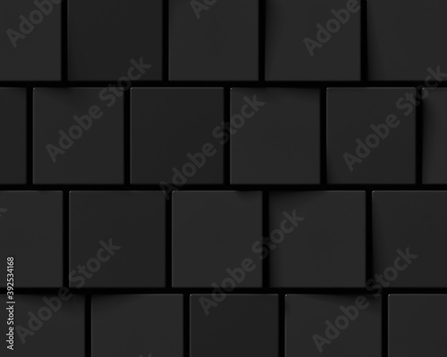 Close up of abstract black cubes background; dark square pattern; close up of block geometric structure; minimalist style dark 3d cubes; top view; 3d rendering, 3d illustration 