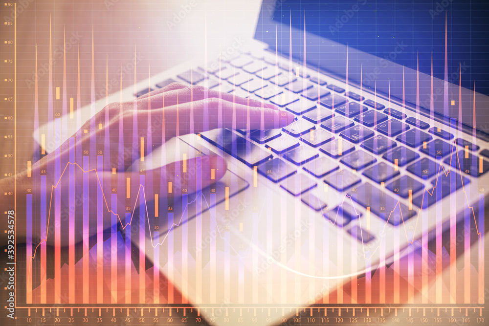 Double exposure of woman hands typing on computer and forex chart hologram drawing. Stock market analysis concept. Double exposure of woman hands typing on computer and forex chart hologram drawing. Stock market analysis concept.