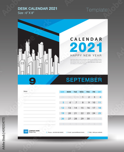 Calendar 2021 template Blue background concept, September month, Desk Calendar vector design, Wall calendar