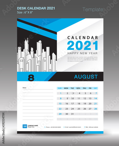 Calendar 2021 template Blue background concept, August month, Desk Calendar vector design, Wall calendar