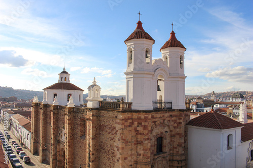 view of historic colonial facade of san felipe neri convent in sucre bolivia