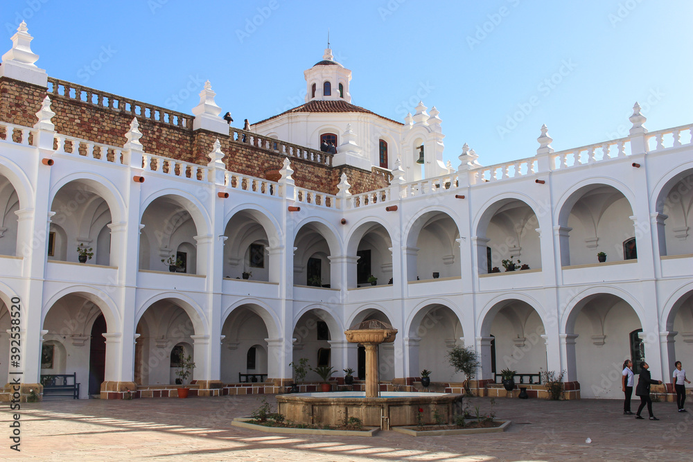 view of classic colonial patio at san felipe neri convent in sucre bolivia