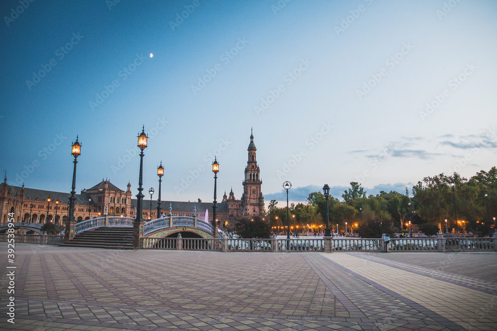 The Plaza de Espana, Spain Square in sunset, Seville, Spain.