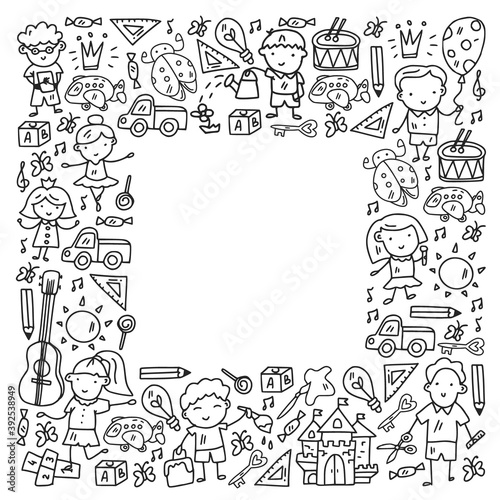 School, kindergarten with cute vector children. Dancing, singing, painting, online education. Creativity and imagination.