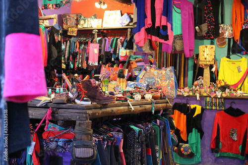 view of a colorful bolivian traditional market full of handmade traditional products