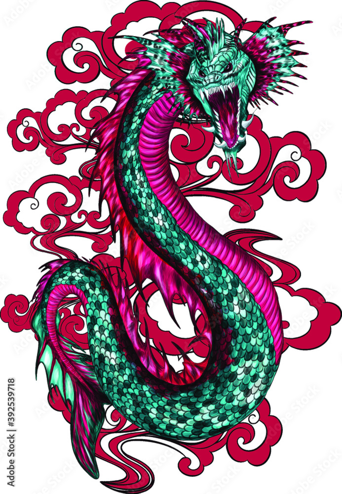 sea serpent green pink vector illustration