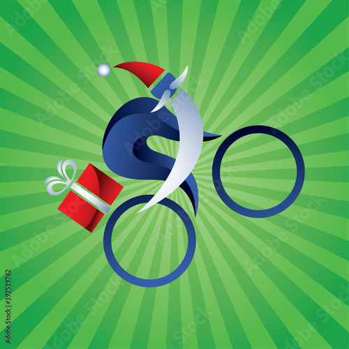 Stylish Santa Claus rides a bicycle with a gift. Christmas Holidays Sign. Green-striped background. Vector illustration.