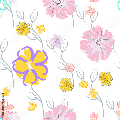 Pink Flowers Blooming Pattern. Pastel Watercolor.