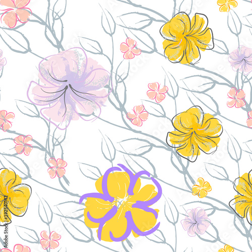 Pink Flowers Blooming Pattern. Pastel Watercolor.