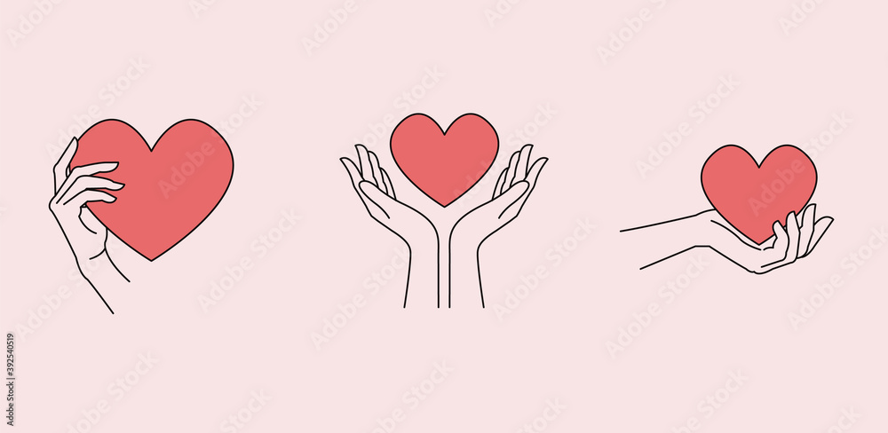 Logo design template with woman's hand holding heart. Line art minimalism style. Vector illustration