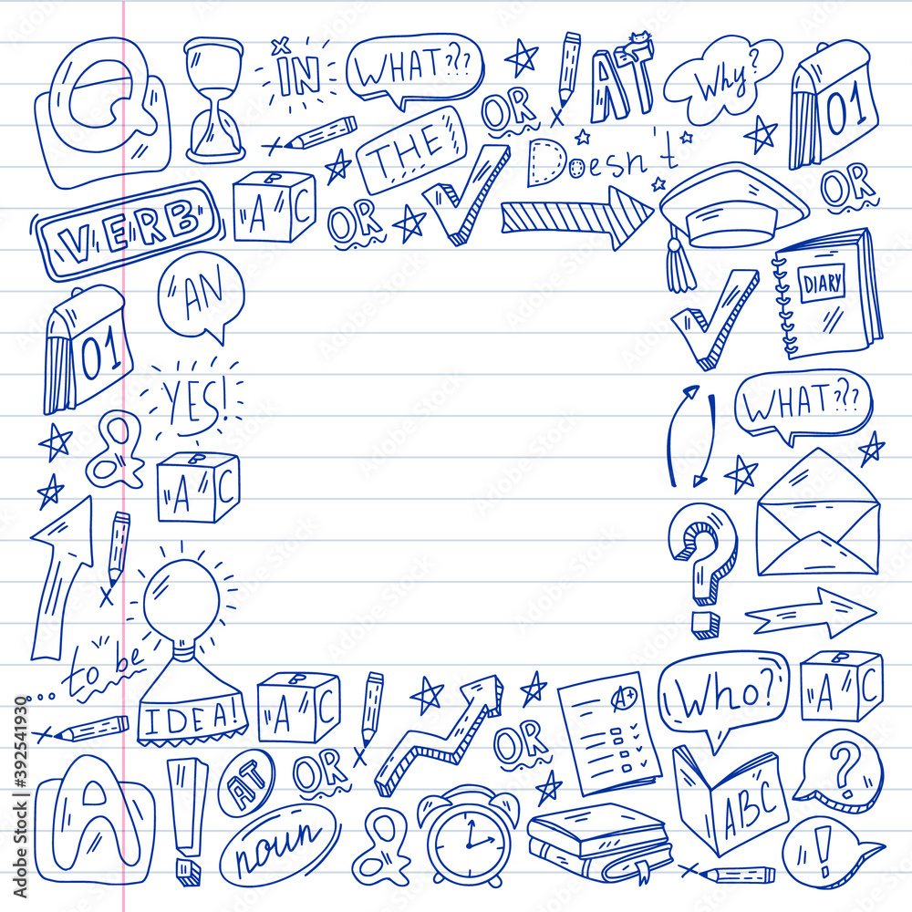 Doodle vector pattern. Illustration of learning English language. E-learning, online education in internet.