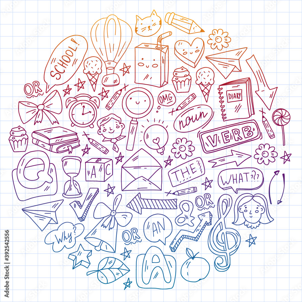 Back to school. Vector illustration with icons about education. English learning. Online internet courses.