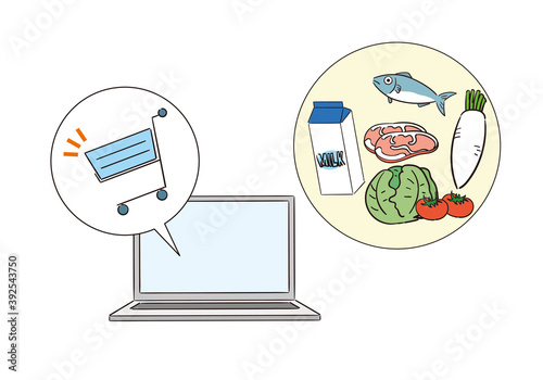 ノートパソコンからネットスーパーを注文するイラスト