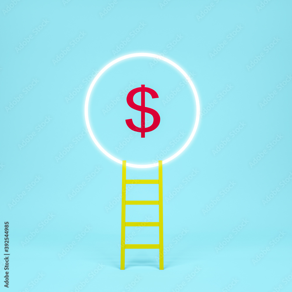 Abstract Idea yellow stair to hollow light red dollars curency in blue background. Minimal concept.Idea.Flat lay. 3d rendering. Abstract Idea yellow stair to hollow light red dollars curency in blue background. Minimal concept.Idea.Flat lay. 3d rendering.