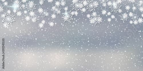 Christmas and New Year cloudy sky with snowfall vector background
