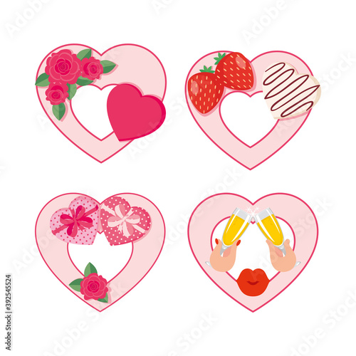 Set of Valentine dat hearts decorated with roses, boxes of chocolates, a kiss, glasses of champagne in hands. Vector illustration, decorative element, simbol, sign, stiker.