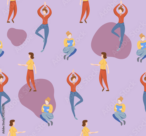 Pastime - seamless vector pattern of female characters at leisure. Warm colors on a lilac  background.