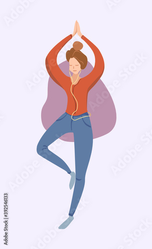 yoga girl - vector flat illustration of a female character in casual clothes, making tree asana and listening music with headphones