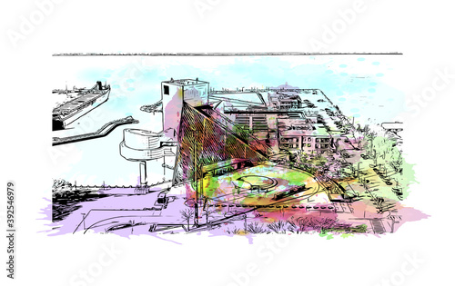 Building view with landmark of Cleveland, officially the City of Cleveland, is a major city in the U.S. watercolour splash with hand drawn sketch illustration in vector.