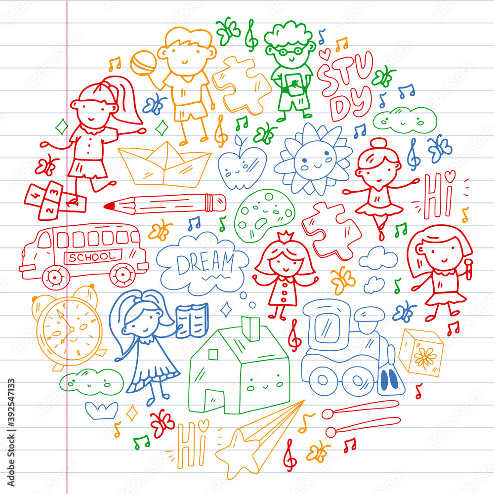 Vector pattern. School and online education. Little boys and girls play and grow together. Vector pattern. School and online education. Little boys and girls play and grow together.