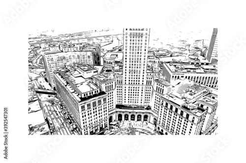 Building view with landmark of Cleveland, officially the City of Cleveland, is a major city in the U.S. Hand drawn sketch illustration in vector.