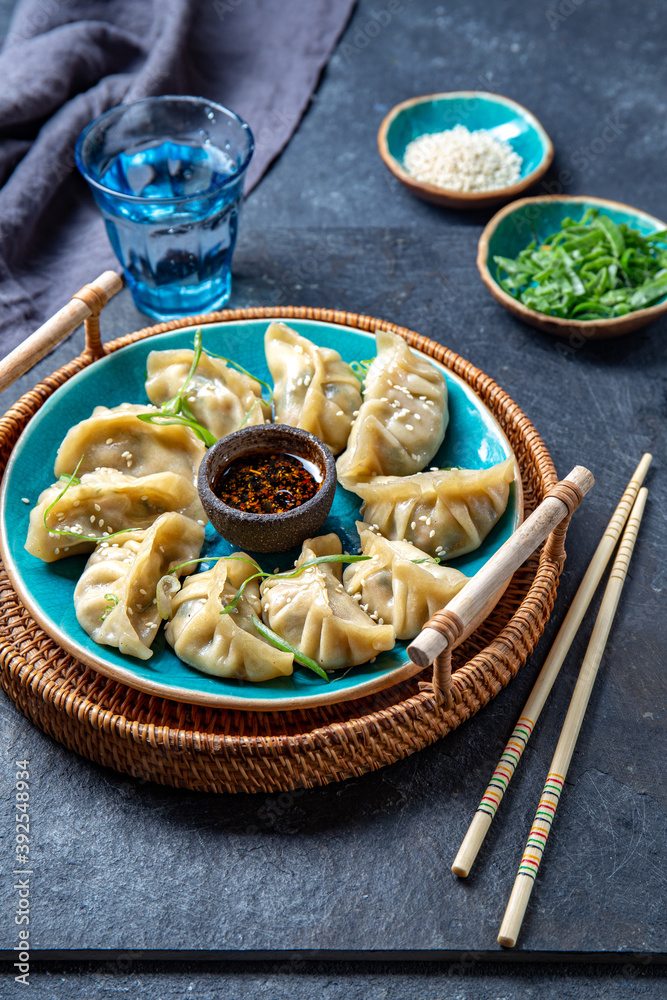 Asian Potstickers dumplings Gyoza with Soy Sauce