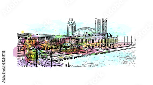 Building view with landmark of Chicago, on Lake Michigan in Illinois, is among the largest cities in the U.S. Watercolour splash with Hand drawn sketch illustration in vector.
