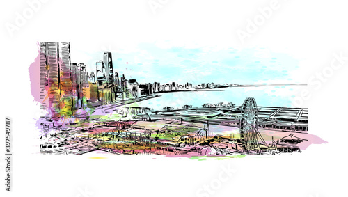 Building view with landmark of Chicago, on Lake Michigan in Illinois, is among the largest cities in the U.S. Watercolour splash with Hand drawn sketch illustration in vector. #392549787