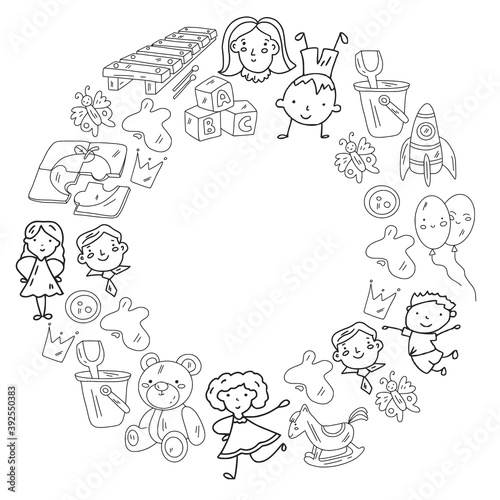 Kindergarten and toys. Little children game. Kids playground. Education, creativity, imagination.