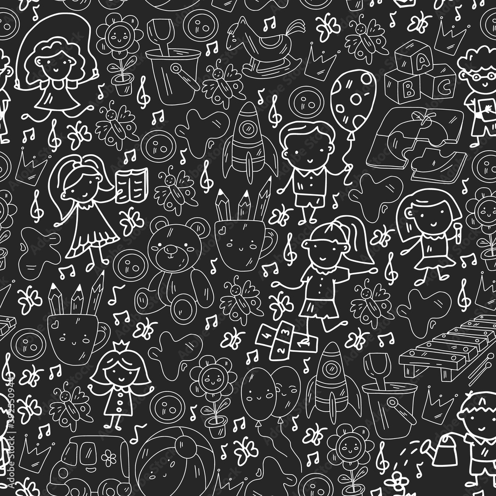 Vector pattern. Kindergarten and toys. Little children game. Kids playground. Education, creativity, imagination.