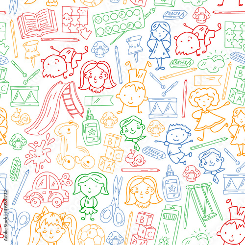 Kindergarten. Vector pattern with toys and small children. Preschool education.