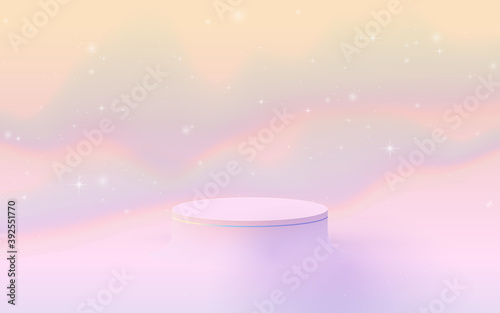 3D soft pink circle podium display on fantasy sky pastel color background. Vector Illustration