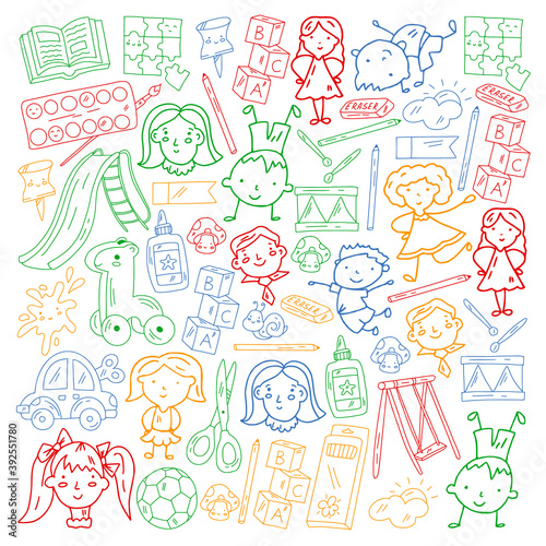 Kindergarten. Vector pattern with toys and small children. Preschool education.
